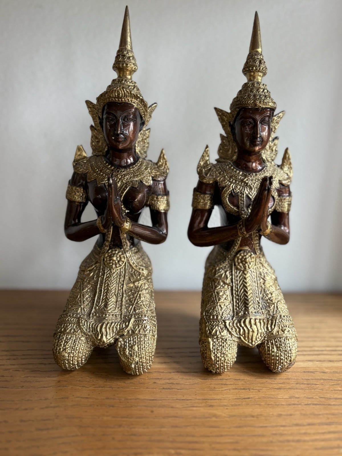 Vintage Thai Bronze brass kneeling wai temple guardian statues pair Asian decor