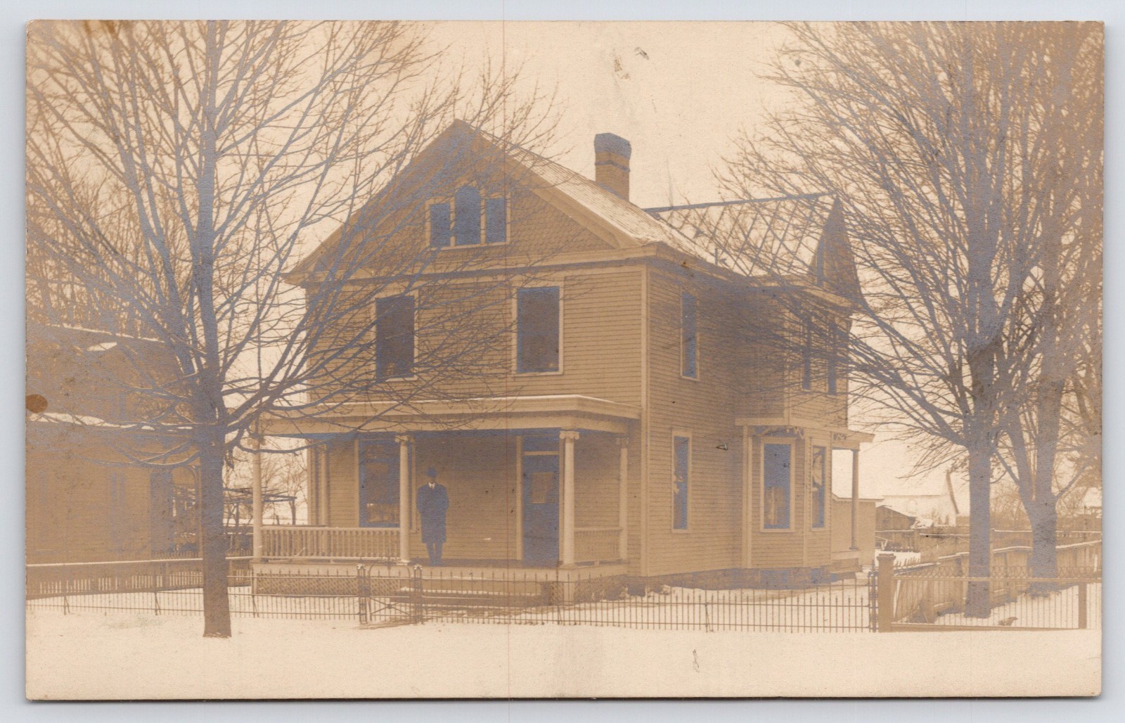 RPPC American Foursquare Home w/Palladian & Bay Window~Gable~Wrought-Iron Fence