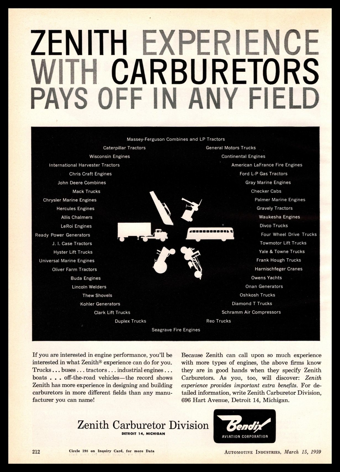 1959 Bendix Aviation Corp Zenith Carburetor Division Detroit MI Vintage Print Ad