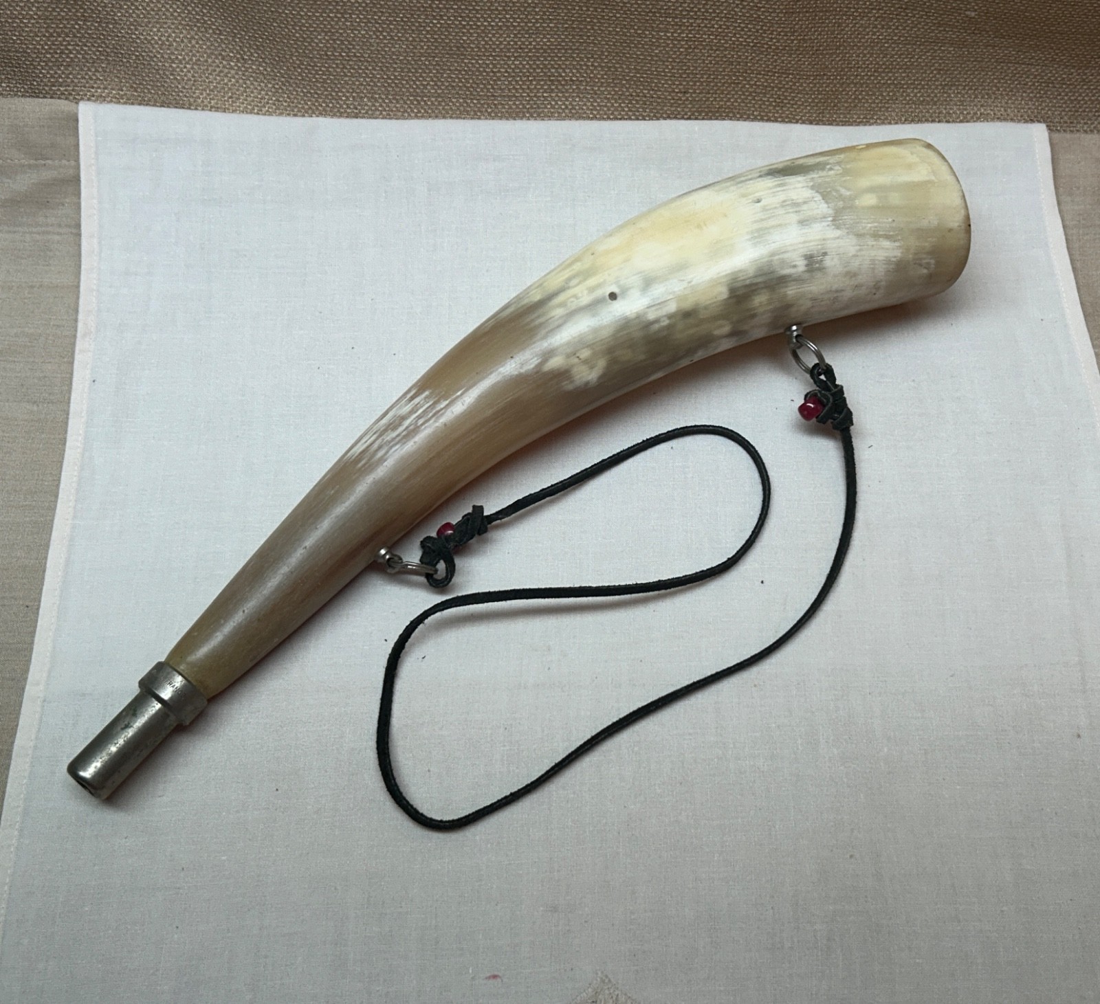 Vintage Natural Blowing Horn with Pewter Mouthpiece and Leather Hanging Cord