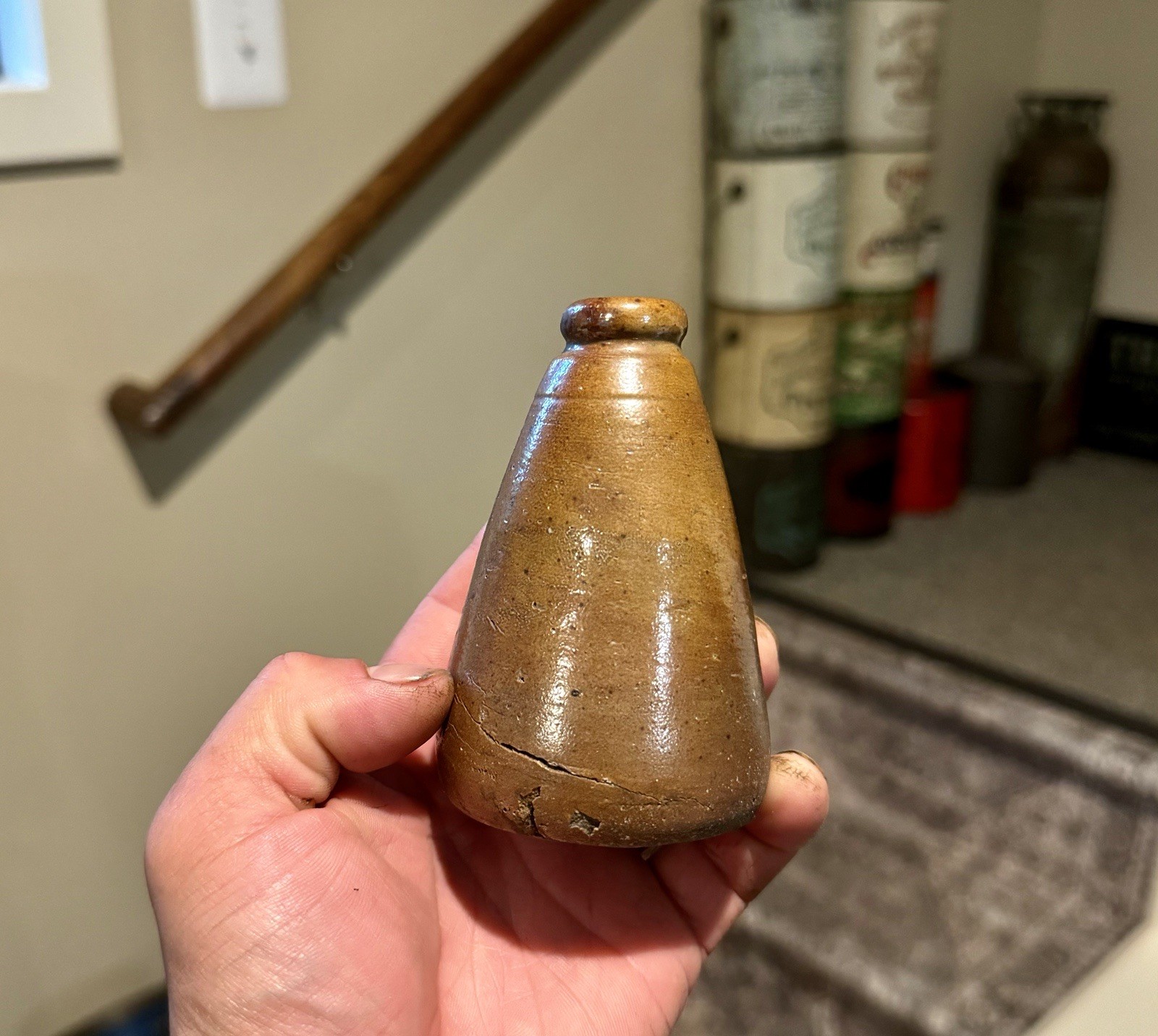 Nice Early Hand Made Stoneware Cone Ink Bottle Crude 1870s Era Brown Glaze Nice