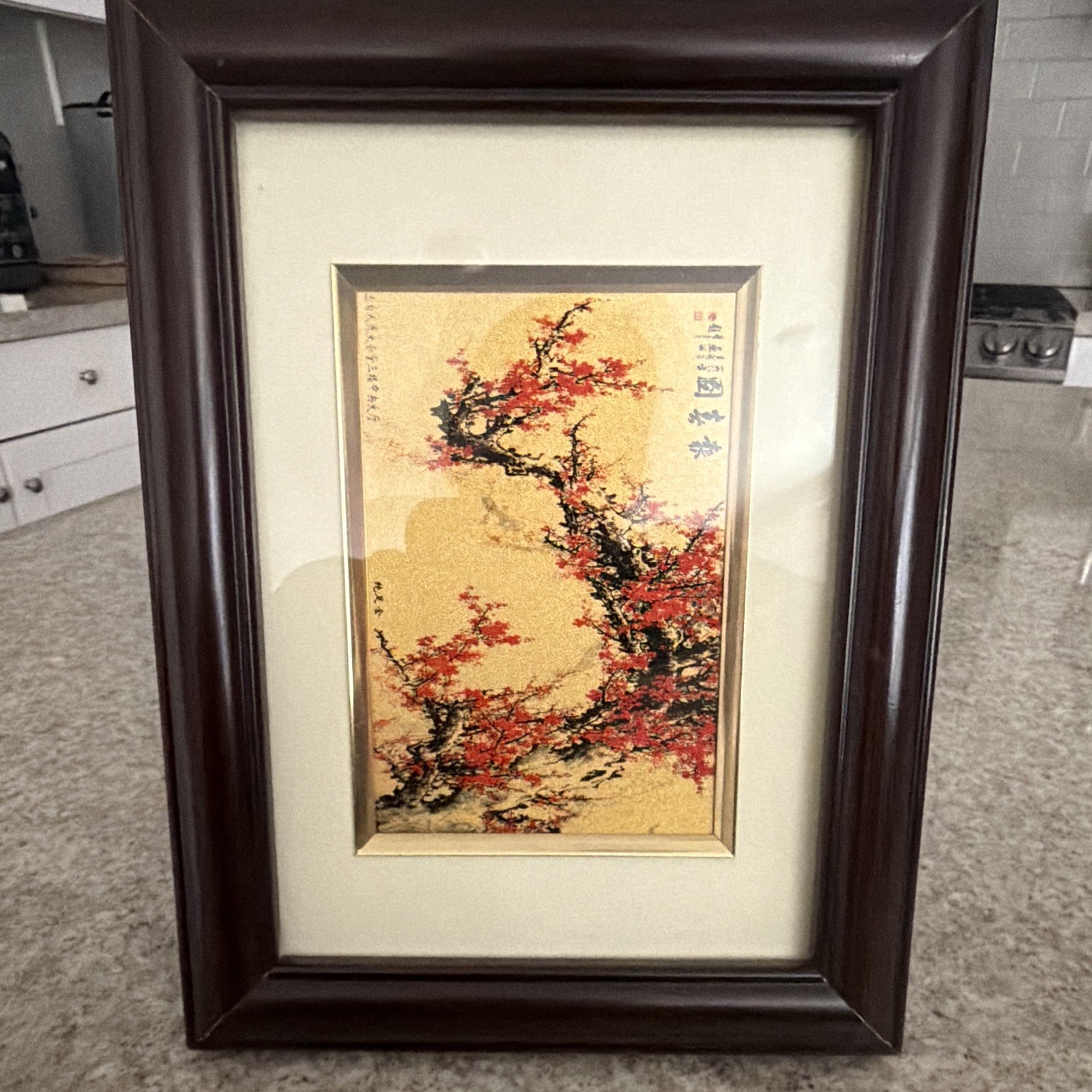 Asian Floral Gold Framed Art Tabletop Decor Cherry Blossom Style