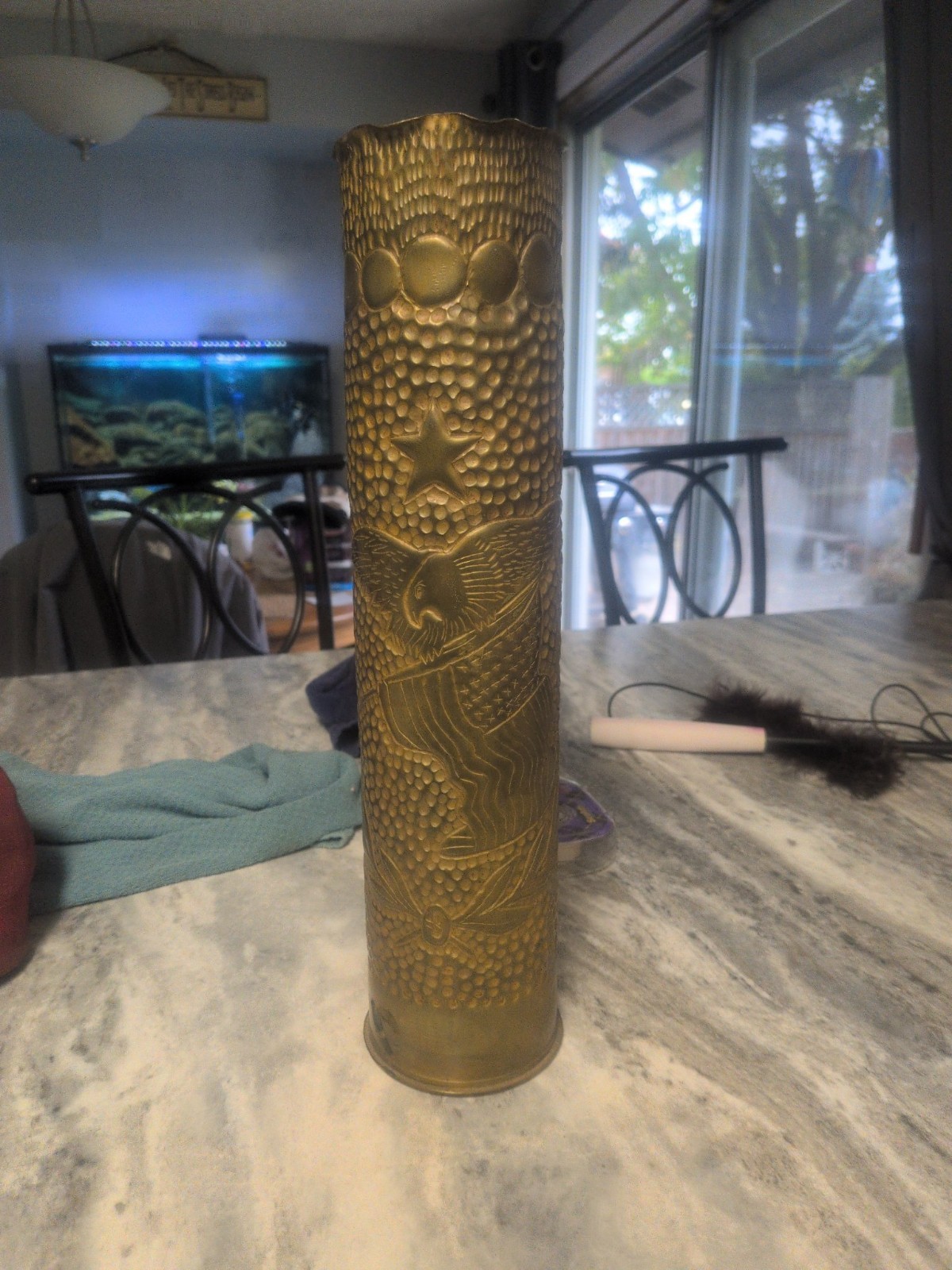 WWI Trench Art Brass Shell Casing Vase Eagle Star Flag Patriotic