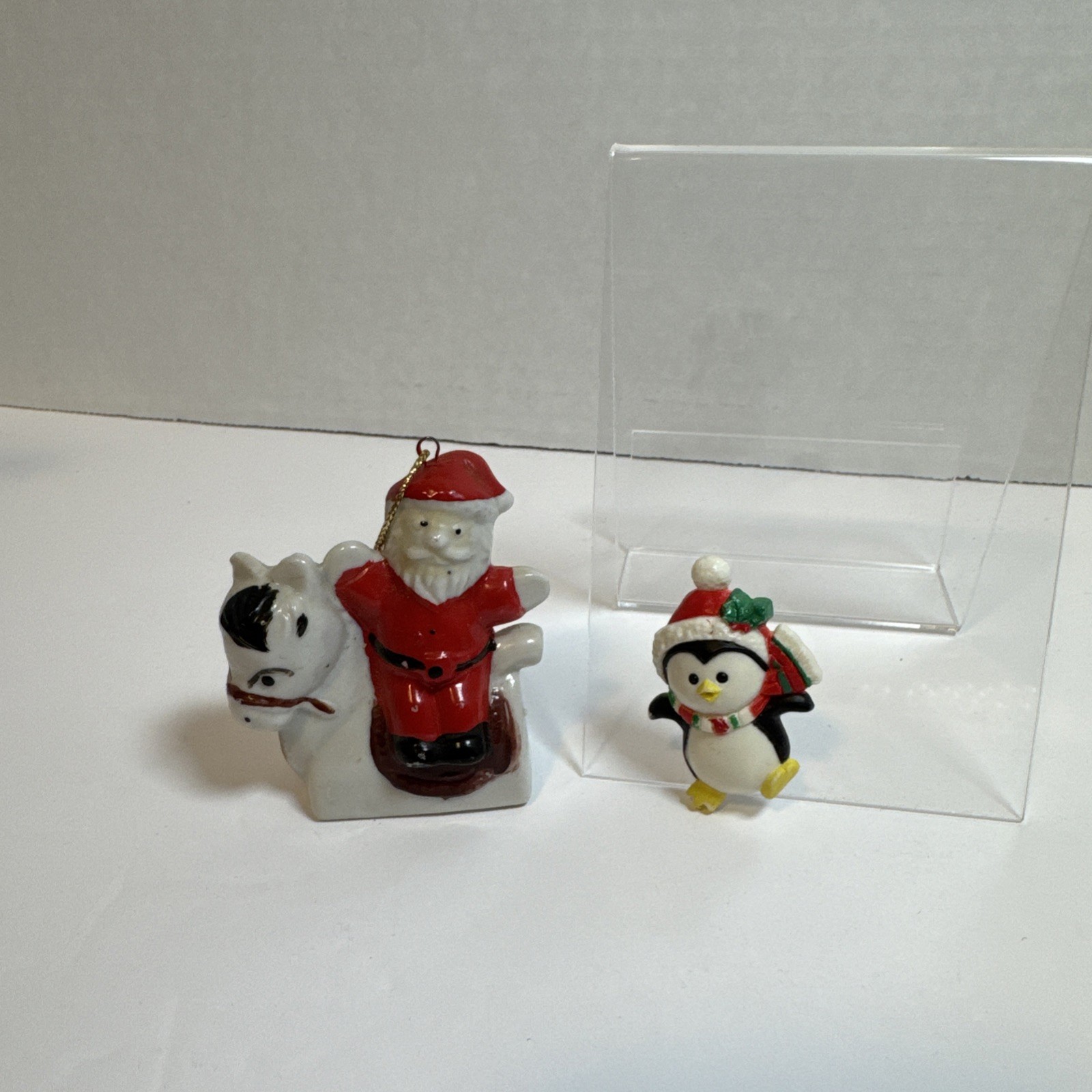 Antique Bisque Santa On Horse Xmas Ornament & Russ Penguin Brooch.