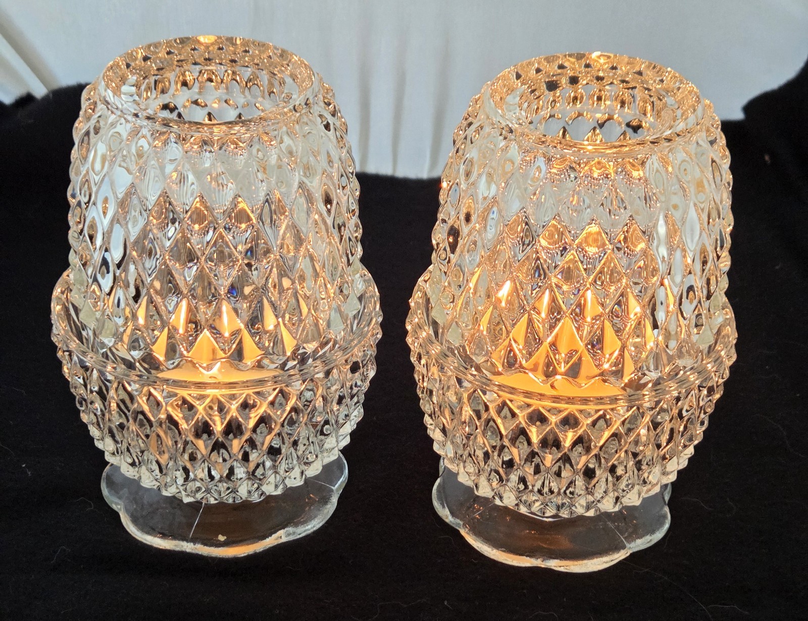 Vintage Indiana Glass Fairy Lamp Lite Clear Diamond Point Candle Holder 2 pc Set