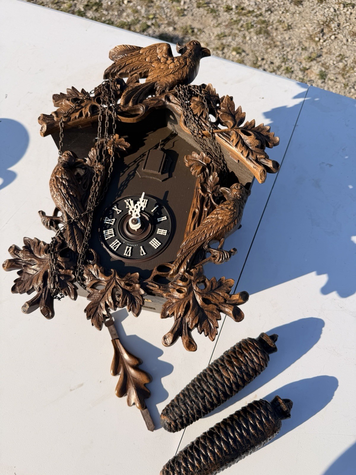 West Germany Vintage 8 Day Black Forest Clock Ornate Bird Acorn Weights