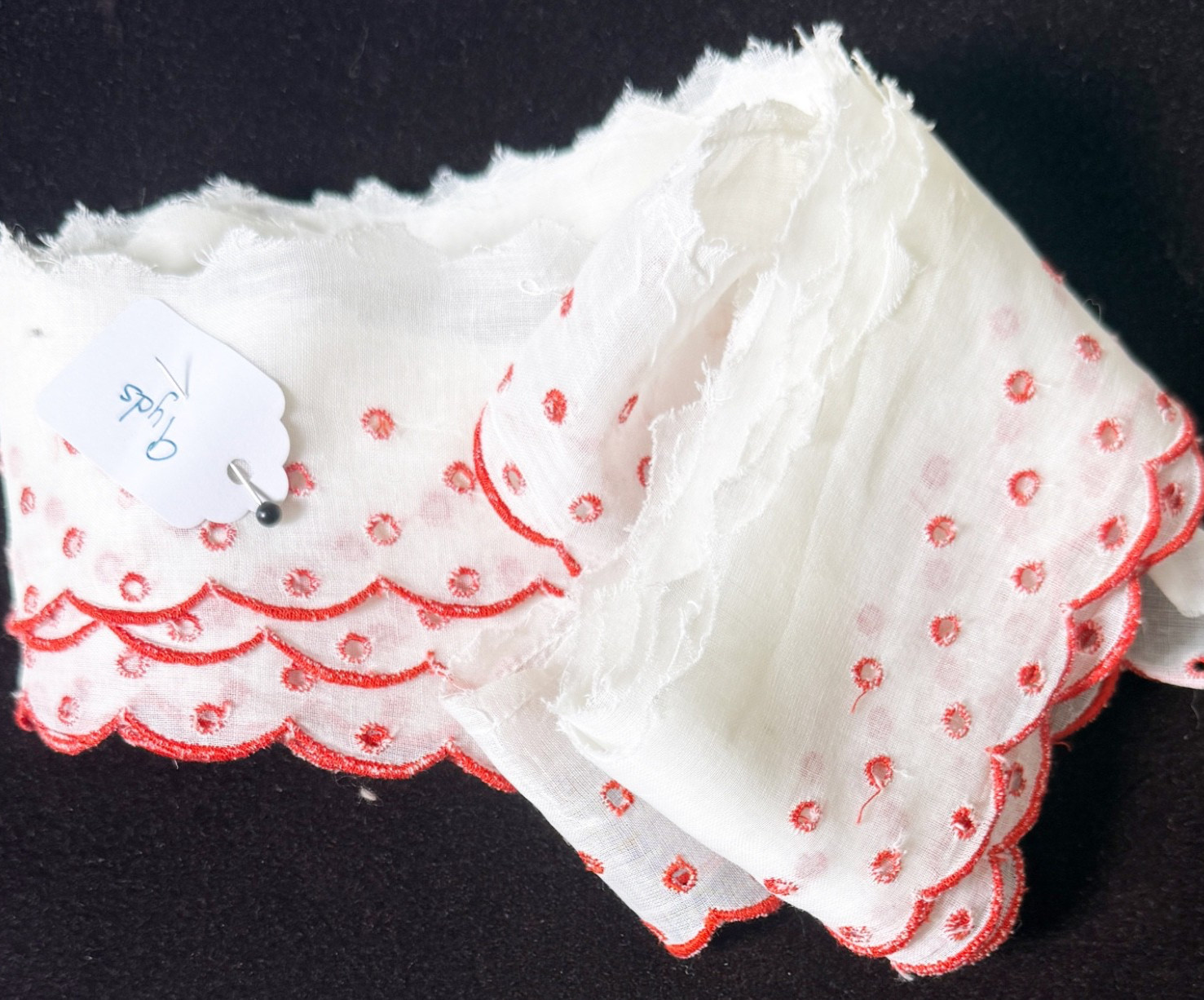 9 yds Vintage Antique French Red White Cotton Eyelet Broderie Anglaise Trim B148
