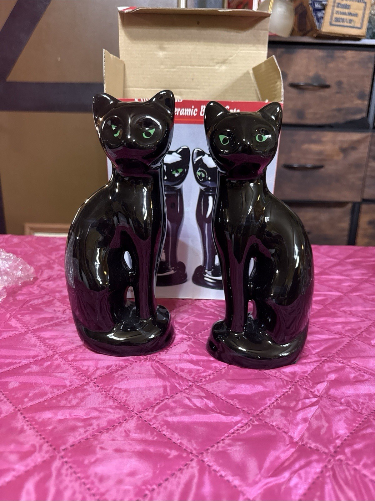 Pr 8.5” Vintage Mid Century MCM Artmark Halloween Black Cats Green Eyes Ceramic