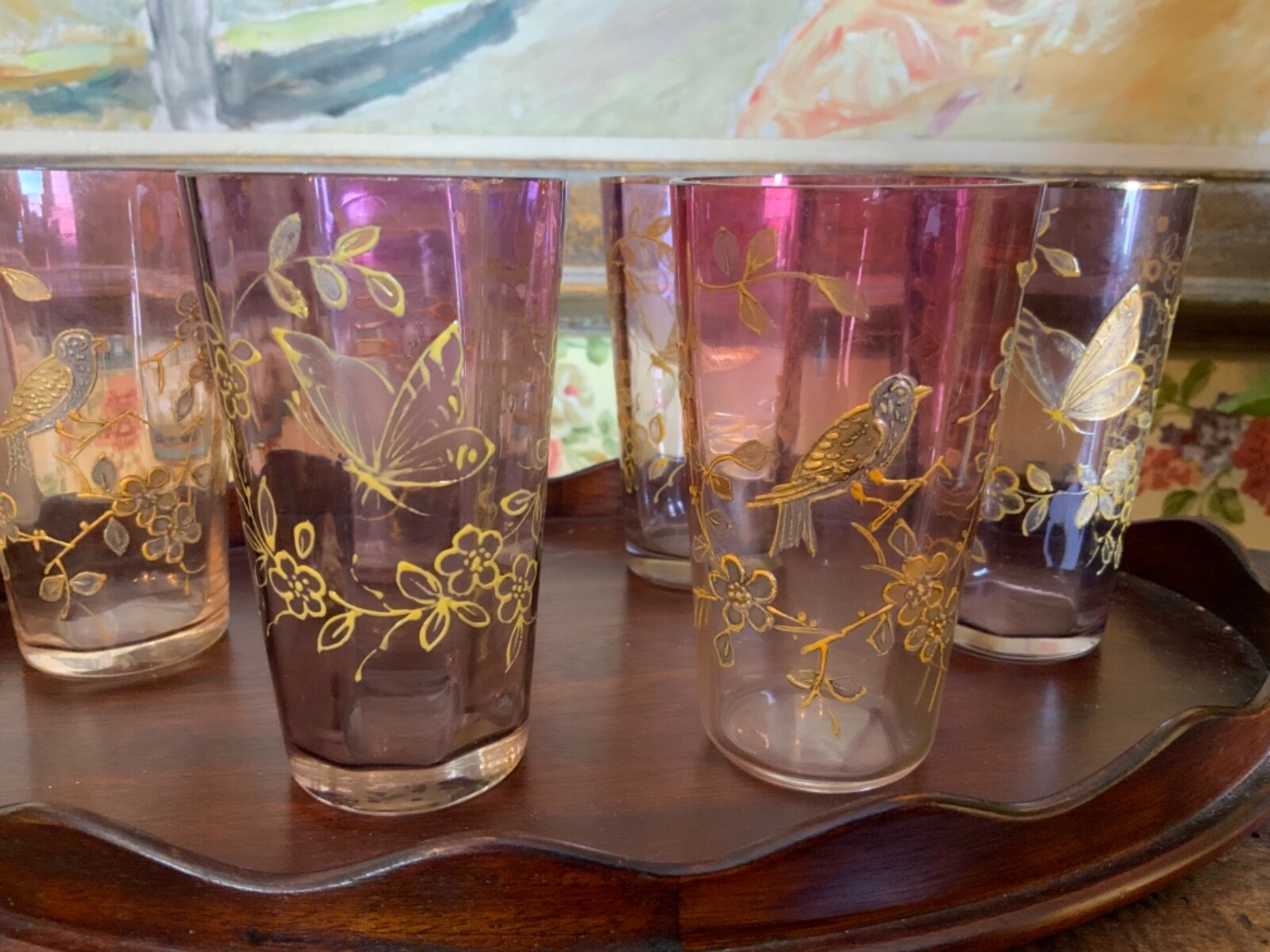 S/7 German Sm Wine Glasses Thin Quartz Crystal Enamel Bird & Butterfly C1880s