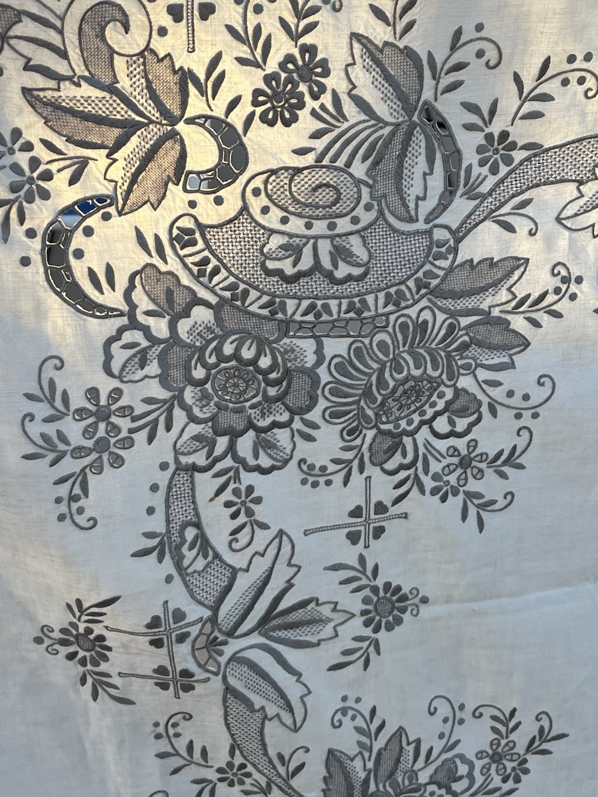 Madeira Richelieu Gray Embroidered Vintage Tablecloth 66 X 83