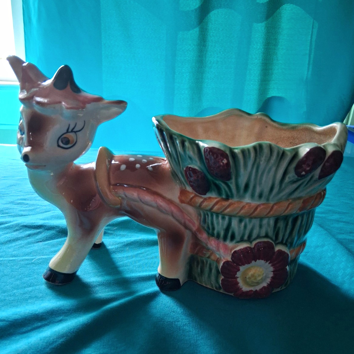Vintage 1956 L&M Ceramic Fawn Deer Planter Flower Cart MCM Kitsch Japan Mint