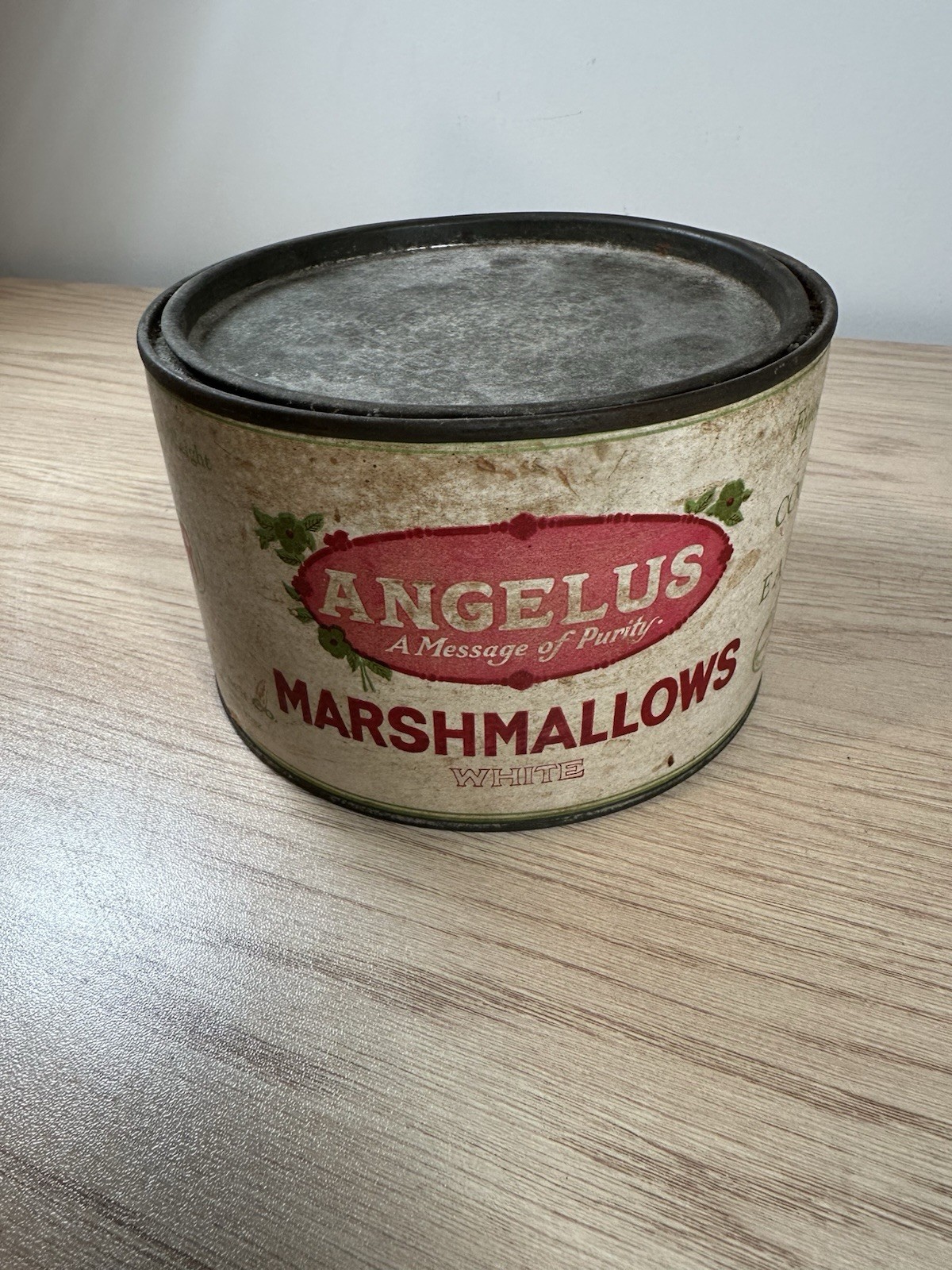 Vintage Early ANGELUS Marshmallow Advertising Tin 10 oz Cardboard Like Sides