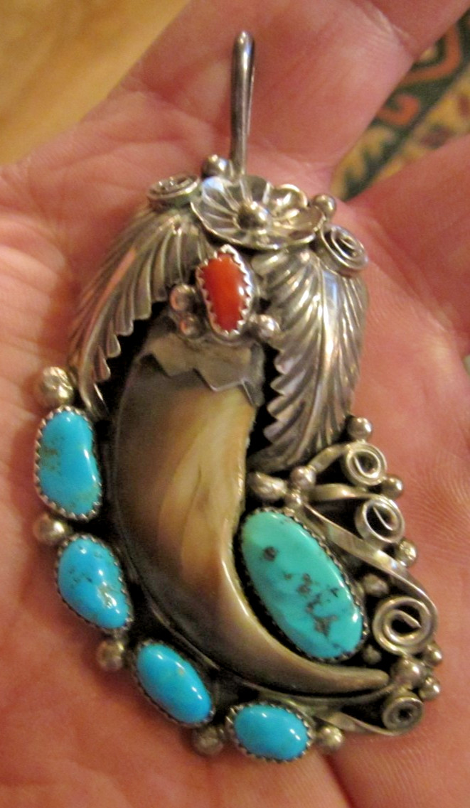 Antique Large BAHE Navajo Sterling Turquoise Bear Claw Pendant - 33+ grams