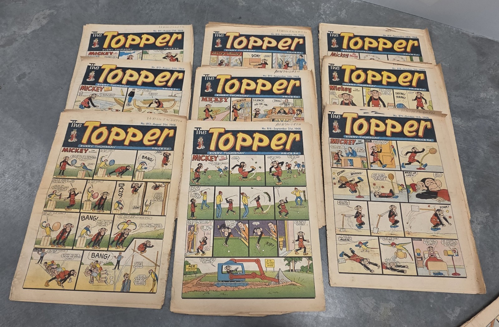 1968 The Topper Comic Lot 9 Issues, No 811-819 Newspaper Print