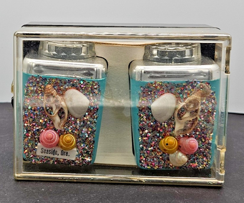 Vintage Seaside Oregon Seashell Glitter Salt Pepper Shakers Plastic In Case MCM