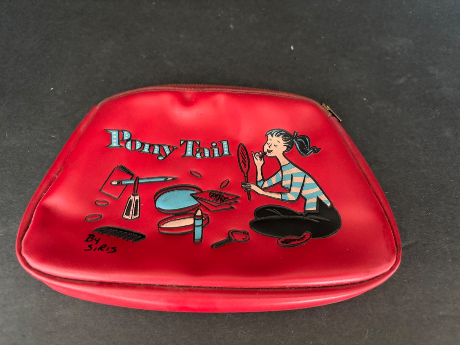 Vintage 1950's Ponytail Date Line Siris Related Red Vinyl zippered makeup bag