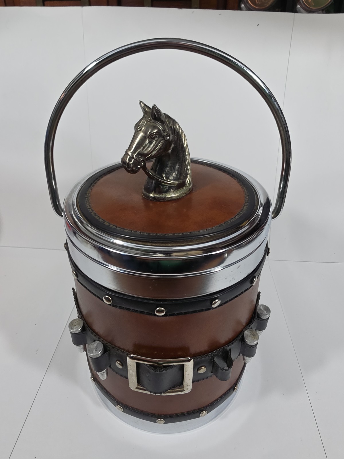 Vintage 1970s Equestrian Horse Head Ice Bucket Brown Faux Leather Mid Century...