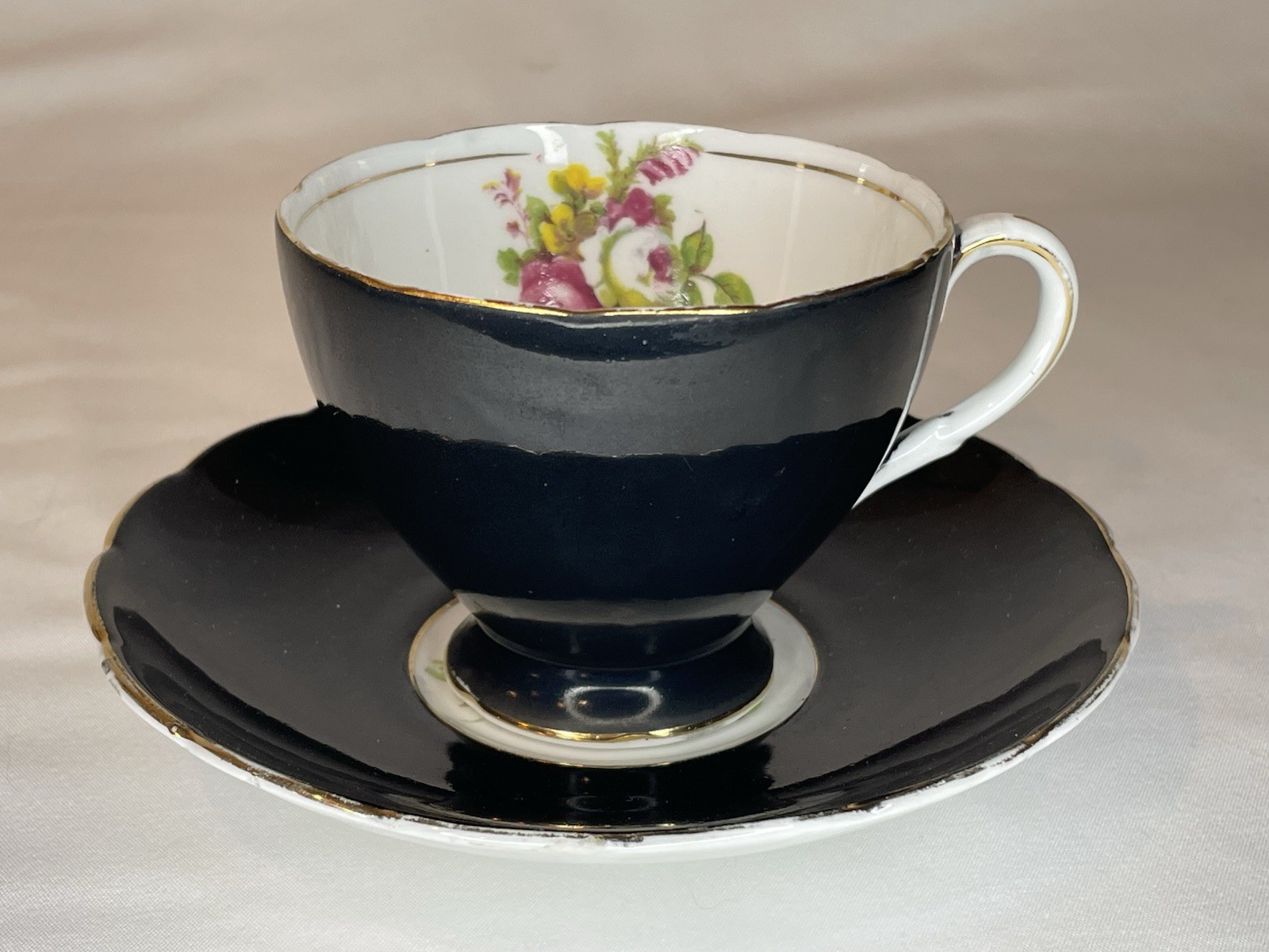 Vintage FOLEY (England) Bone China Cup & Saucer Black & Floral