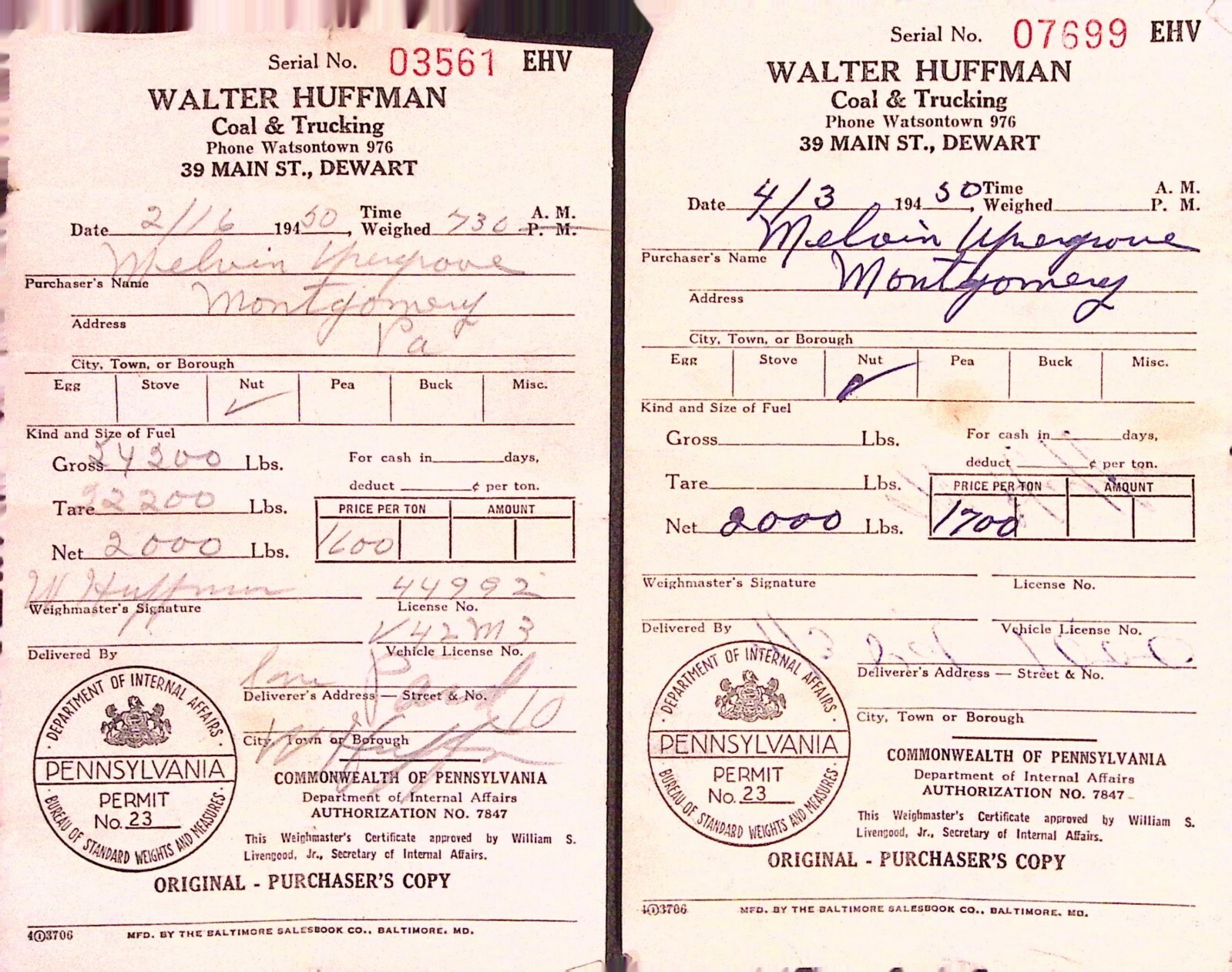 1950 Walter Huffman Coal & Trucking Punxsutawney PA Original Invoices Receipts