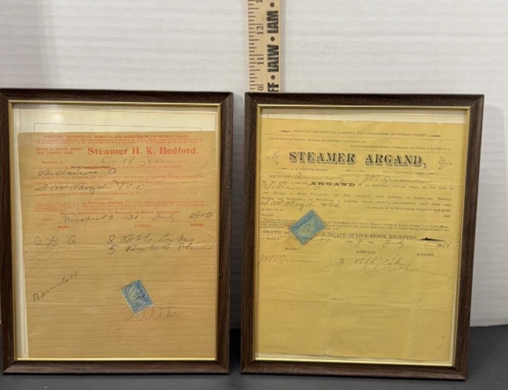 Antique 1900 Steamer Argand & H.K. Bedford Freight Receipts Framed Pair