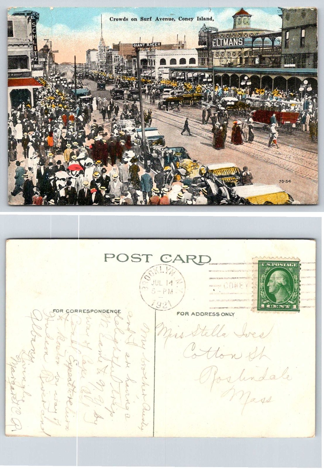 Coney Island New York Surf Avenue Crowds Giant Racer Eltmans Cars Postcard AZ160