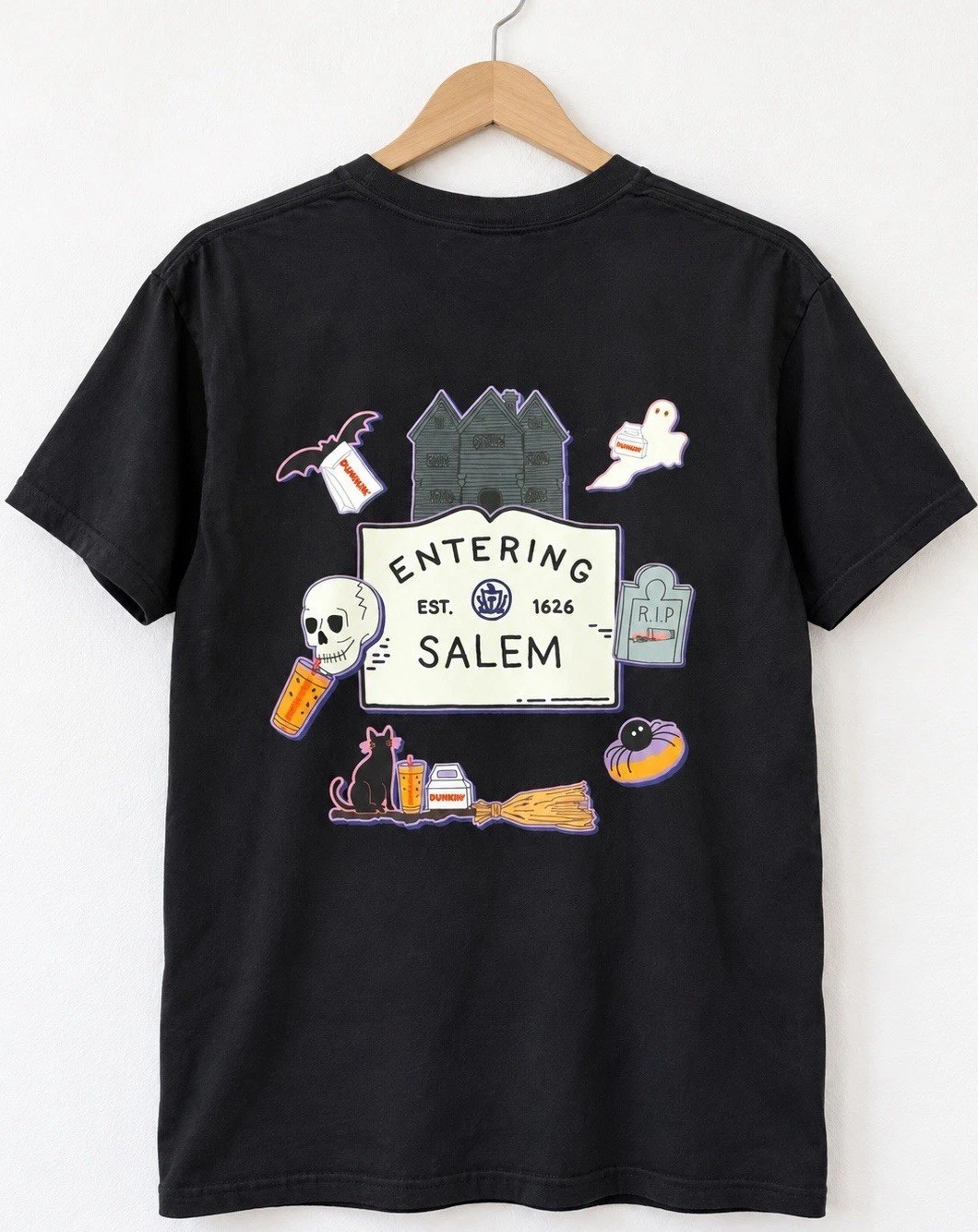 Dunkin Salem Halloween Black T Shirt Comfort Colors Entering Salem Coffee Cat