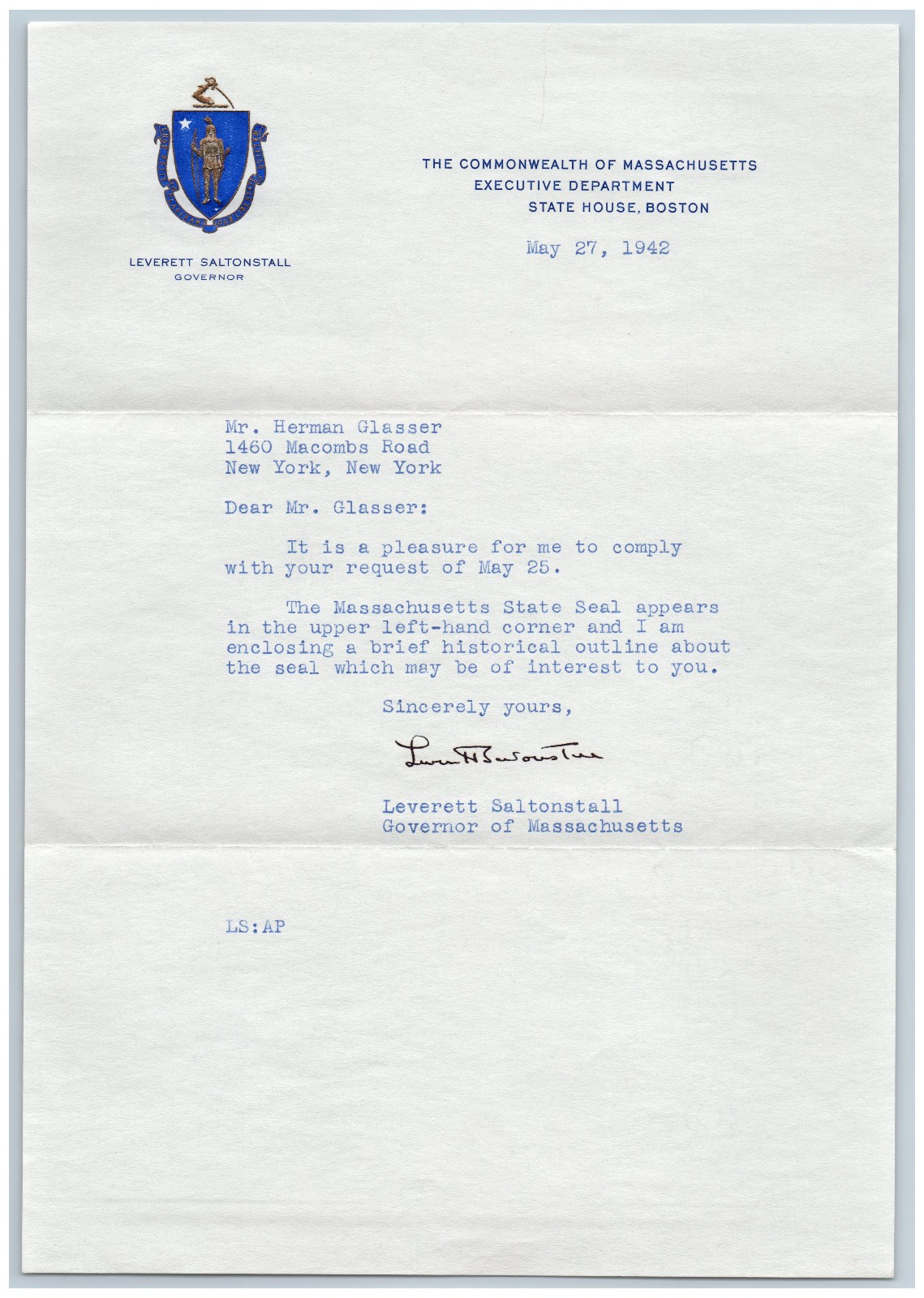 1942 Leverett Saltonstall Massachusetts Governor Hand Signed Letter Political