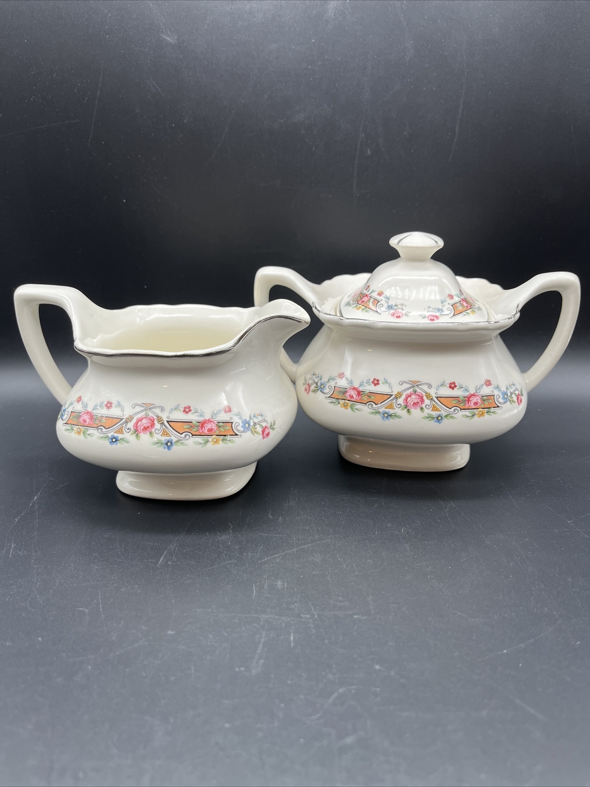 Vtg W. S. George Creamer Sugar Lido White 017A Lid 1930s Silver Edging Florals