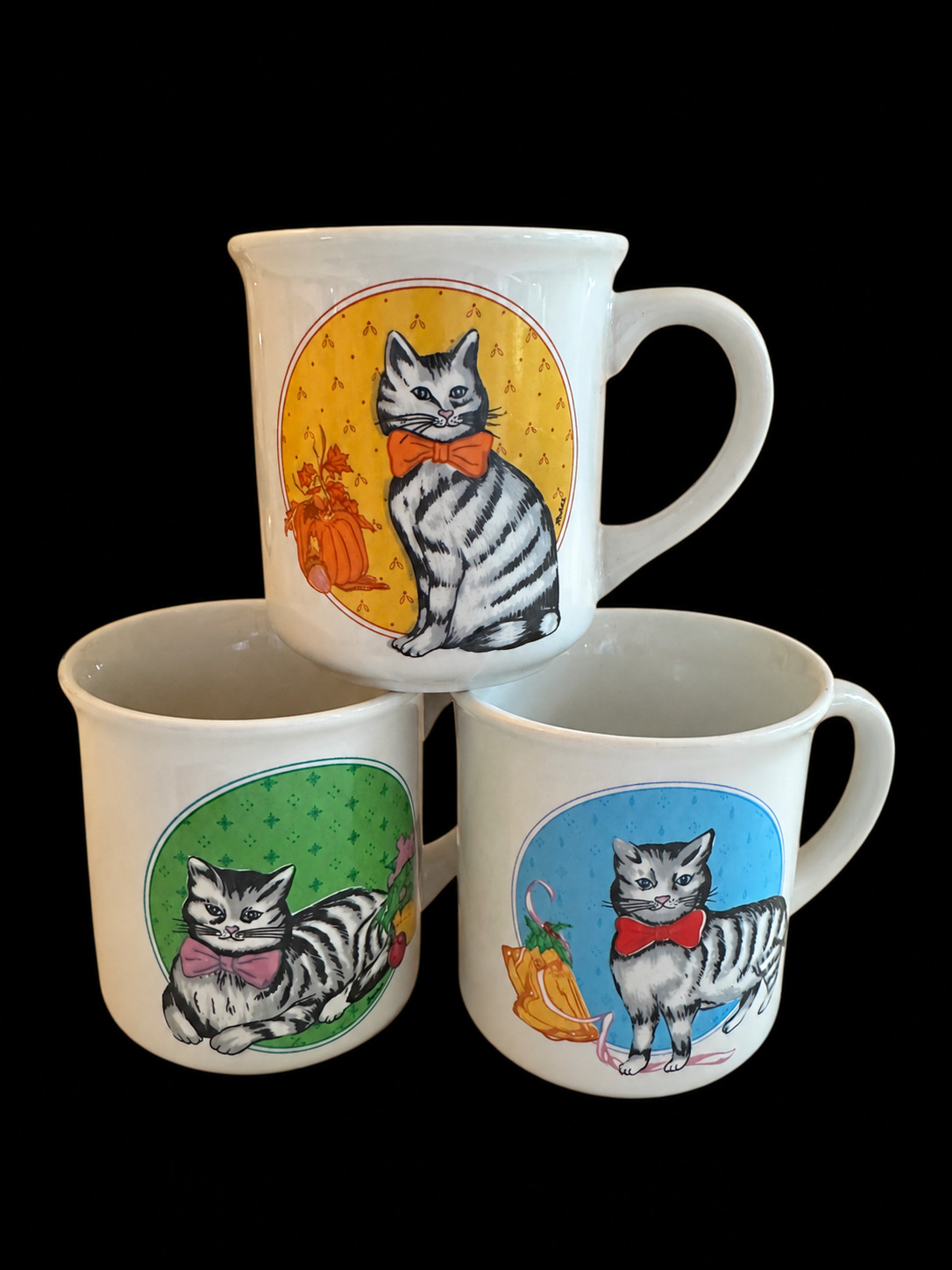 Vintage 1985 Chadwick Miller Cat Mugs Set of 3 Seasonal Colorful Bow Tie Kittens