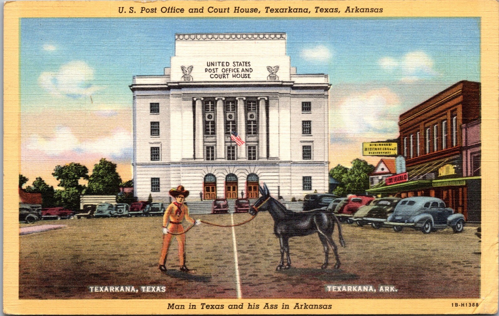 Texarkana Texas~Arkansas~Post Office & Court House~Man and His Ass~Postcard