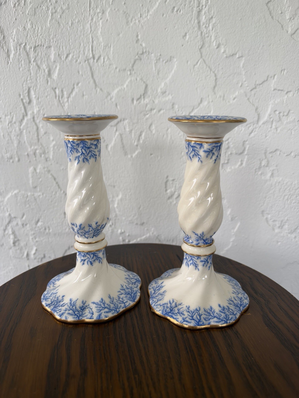 Vintage 2x Coalport English Bone China Candlestick Holder Blue Coral Gold Trim