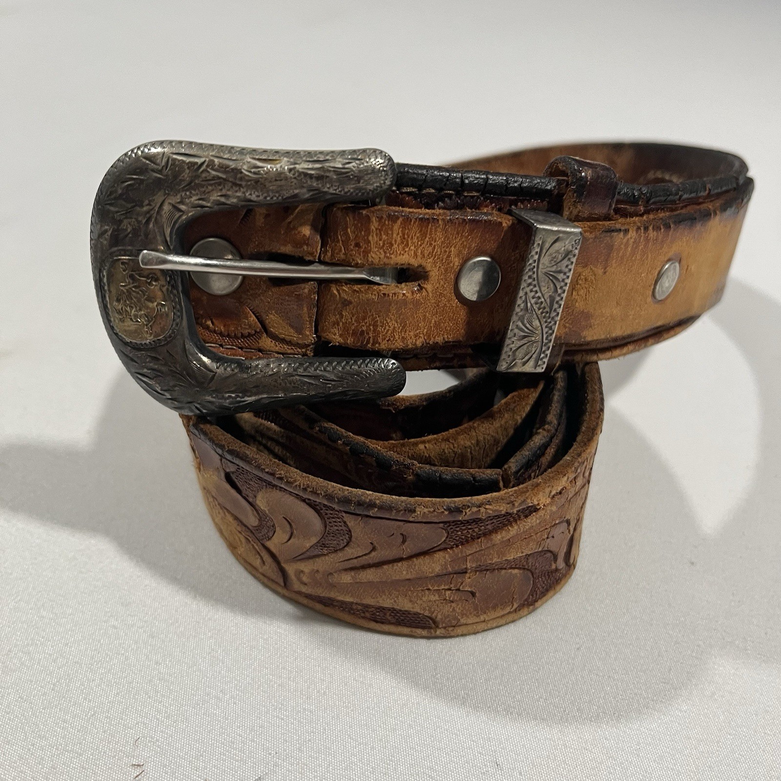 Vintage Don Ricardo Western Tooled Leather Belt Sterling Silver 10K Gold Buckle