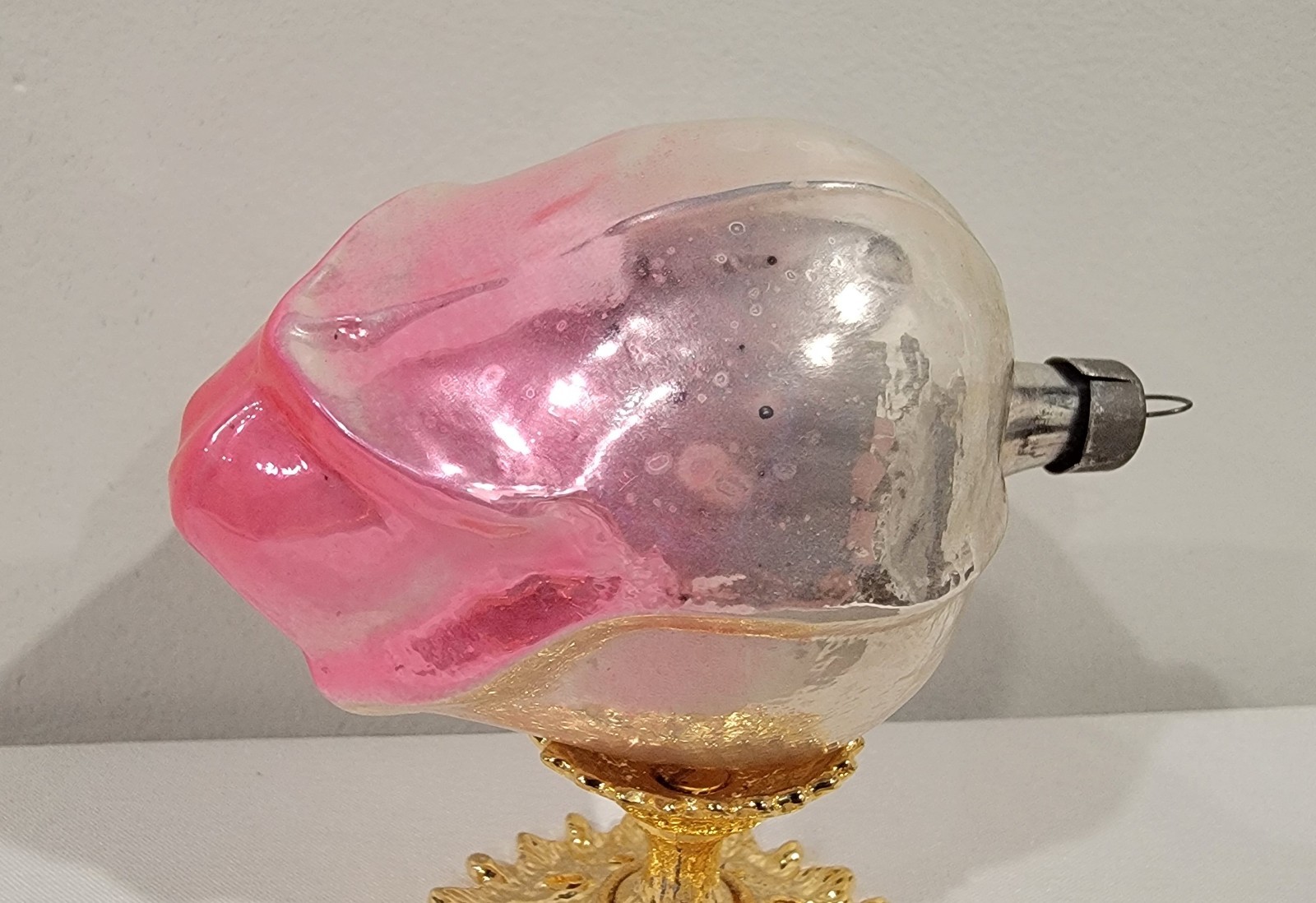 Vintage Heidt Glass Rose Ornament Silver And Pink Rare