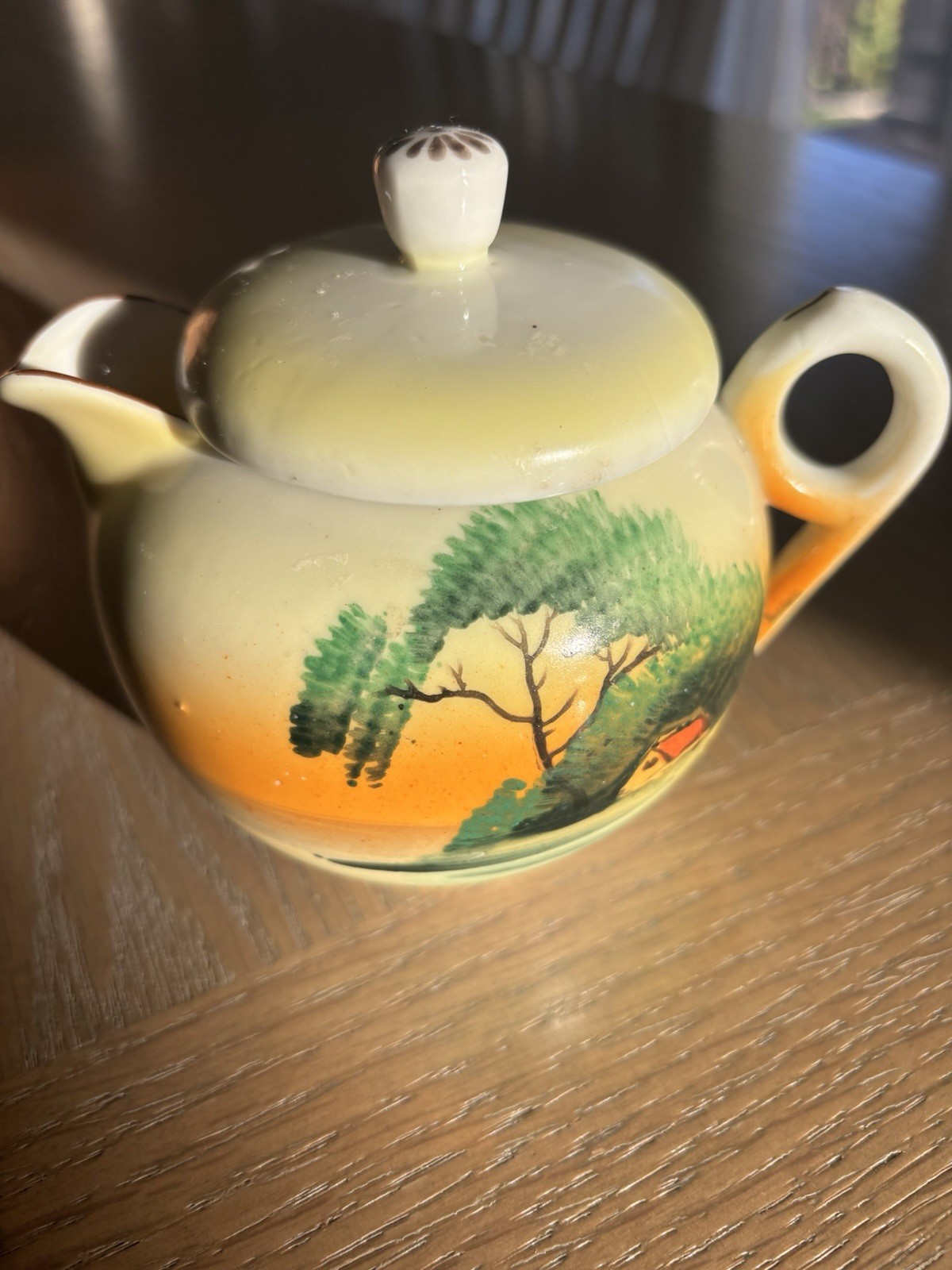 Vintage Takito Japan Lidded Creamer Hand Painted Cottage Landscape TT Mark