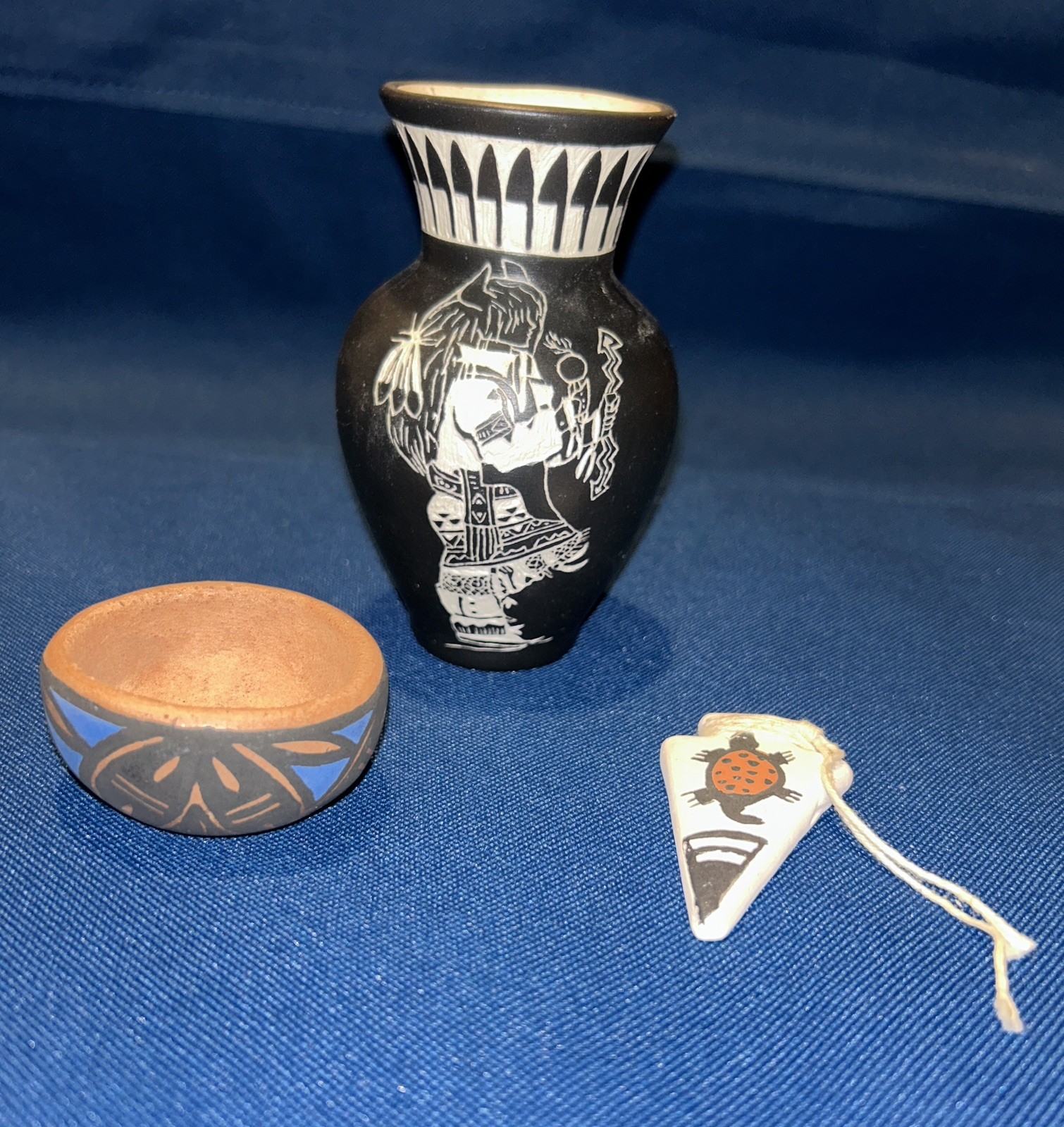 3pc Native American Acoma Pueblo Pottery Lot Signed Chino, Romero - Hand Carved