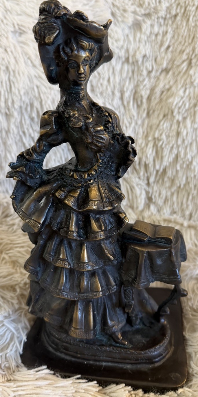 Bronze Statue Victorian Lady With Book Ruffled Dress & Hat Vintage 11x5.5x4.5”