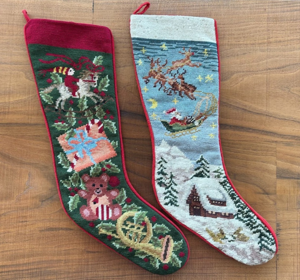 VTG Lot/2 Wool Needlepoint Christmas Stockings BLANK CUFF-Sferra & Unbranded