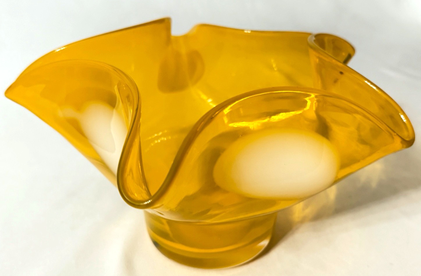 Unique Vintage Blenko Style Mid- Century Yellow & White Circles Art Glass Bowl