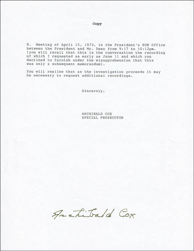ARCHIBALD COX - TYPESCRIPT SIGNED