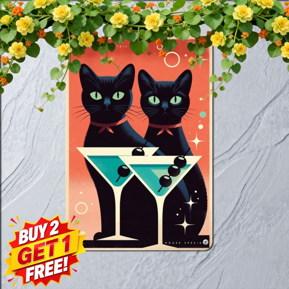 Atomic Retro Black Cat Space Sign Vintage Mid Century Modern Metal Tin Plaque