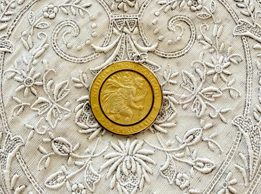 Vintage 70's Creed 1-inch Sterling Gold Enamel Saint Christopher Medal Pendant