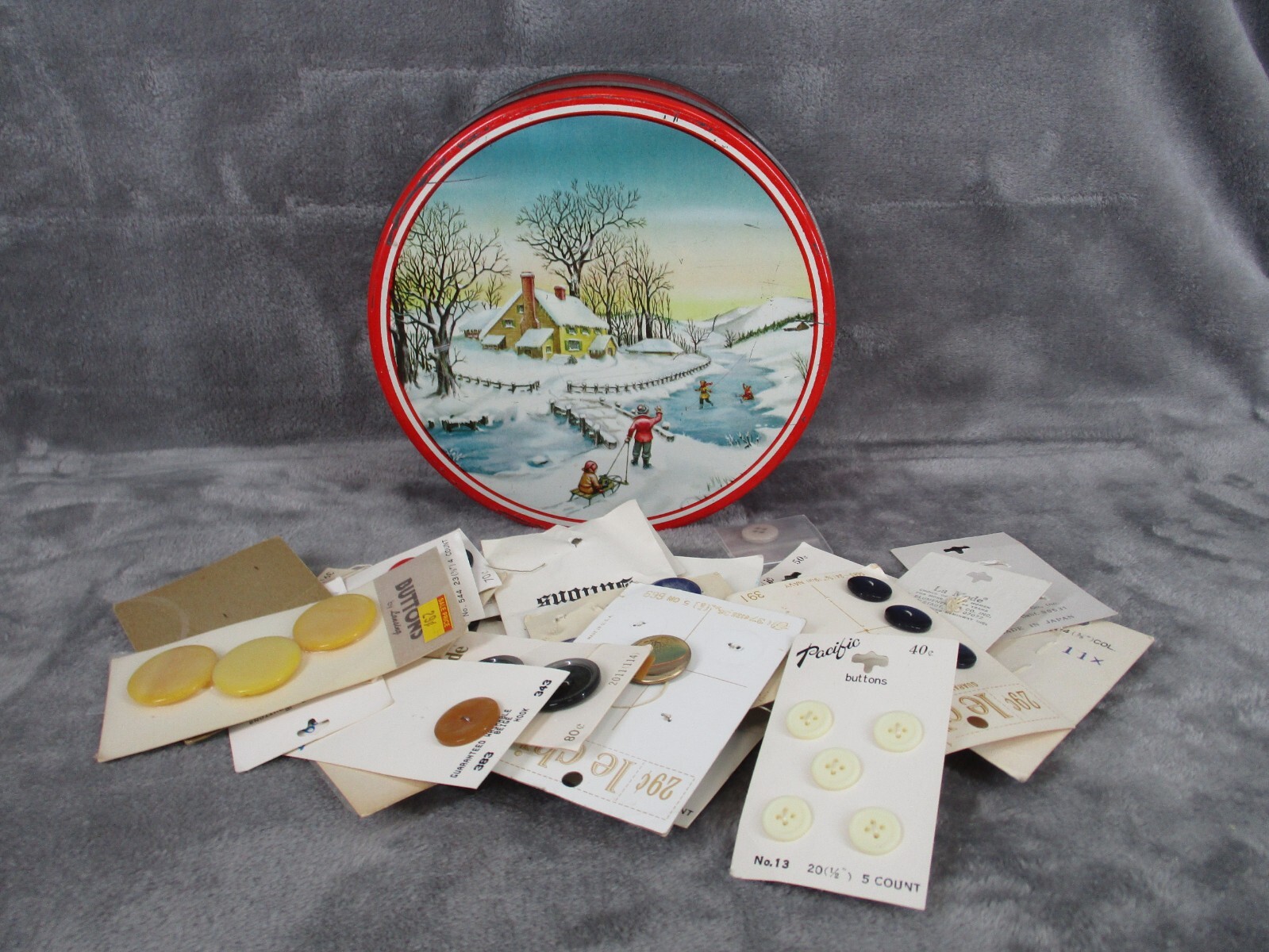 Buttons Lot of Vintage & Modern Assorted in Various Sizes Round Tin Container