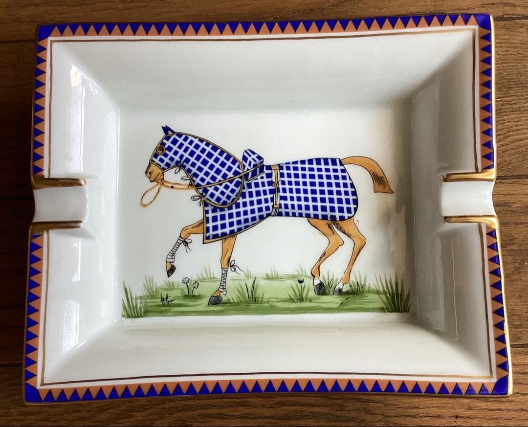 HERMES Horse Blanket Ashtray Blue Check Porcelain Tray 20cm 16cm New Unisex