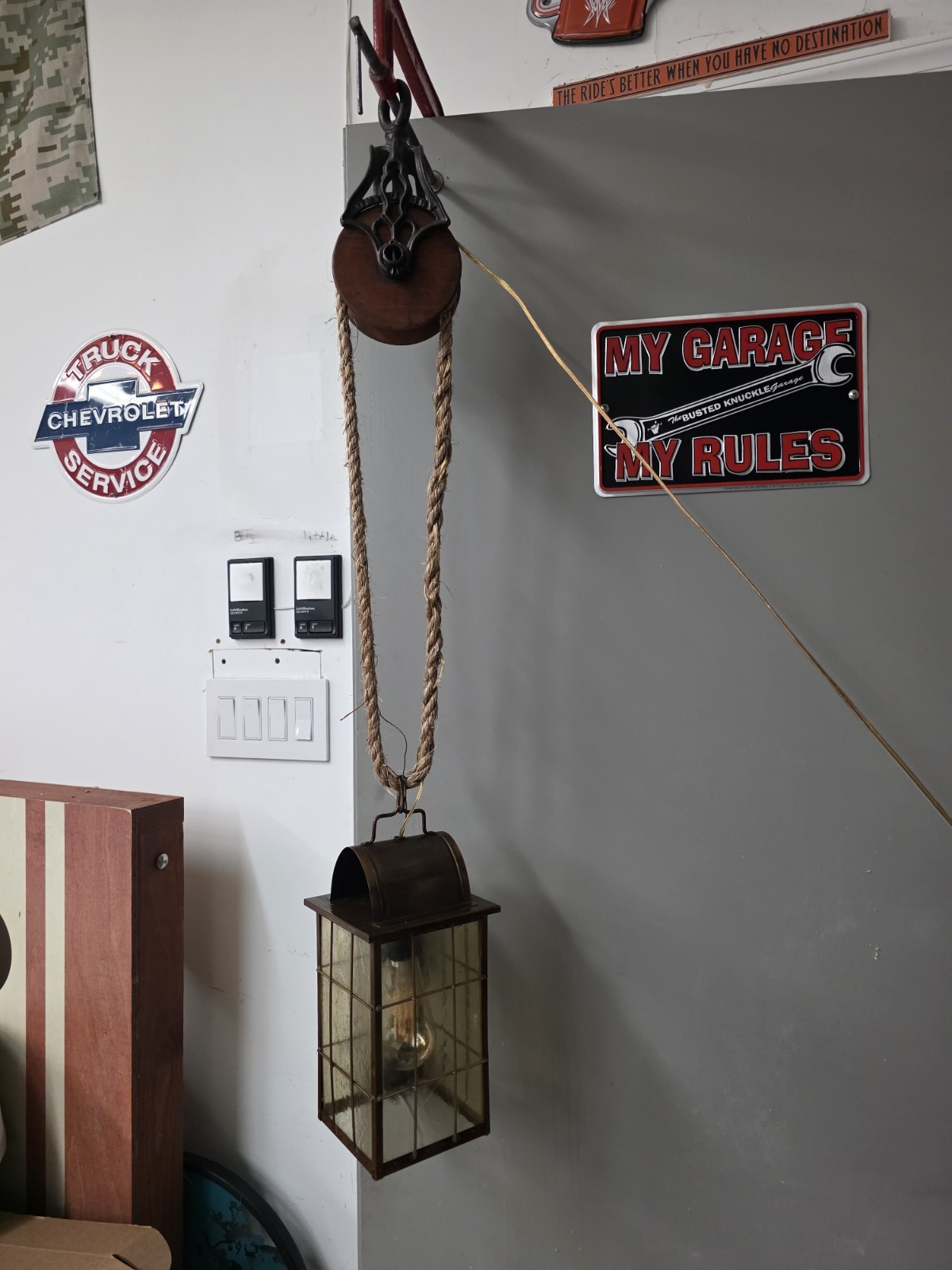 Antique Cast Iron Wood Pulley Light Fixture