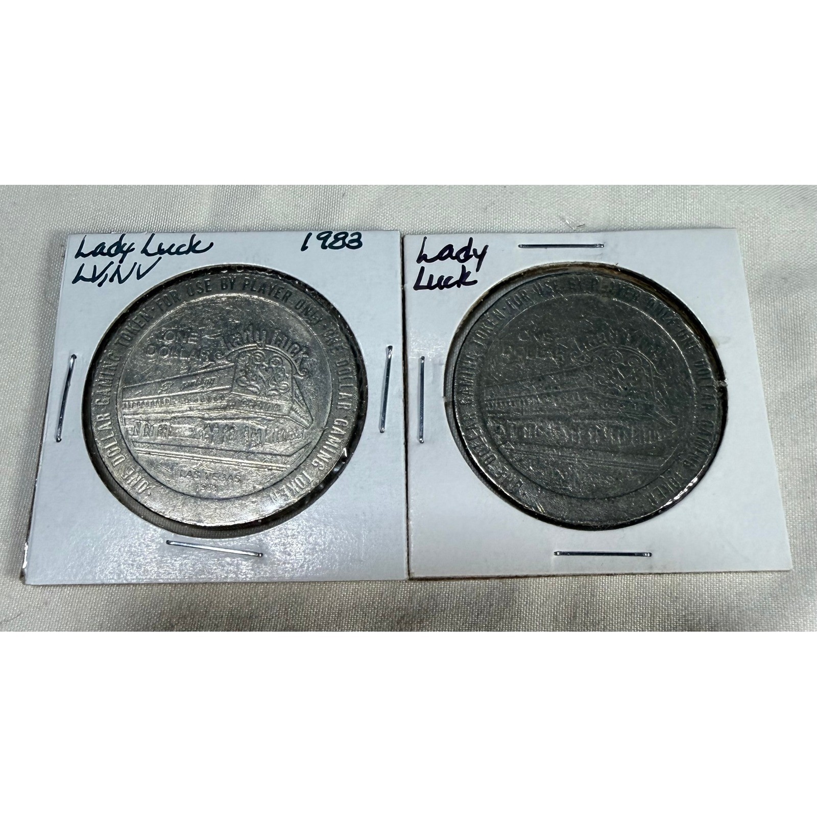 2 Vintage 1983 Lady Luck Casino Las Vegas $1 Gaming Tokens Franklin Mint Silver