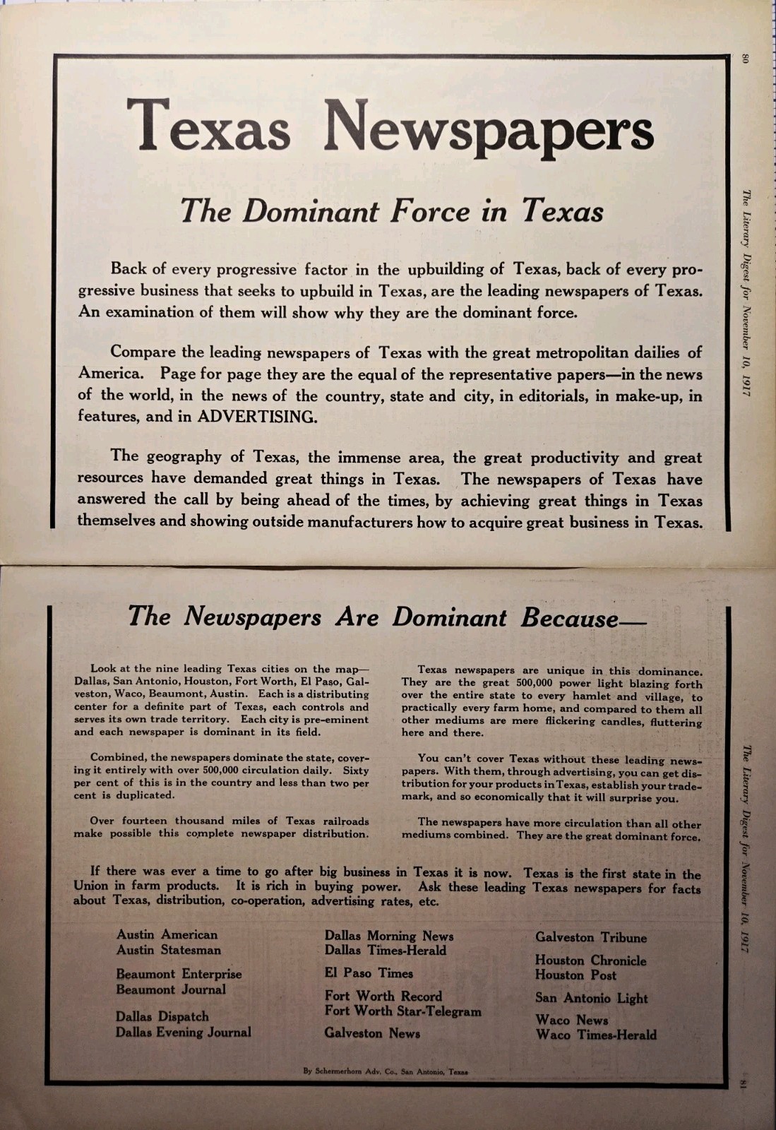 Texas Newspapers Print Ad 1917 - Austin Beaumont Dallas El Paso Houston Ft Worth