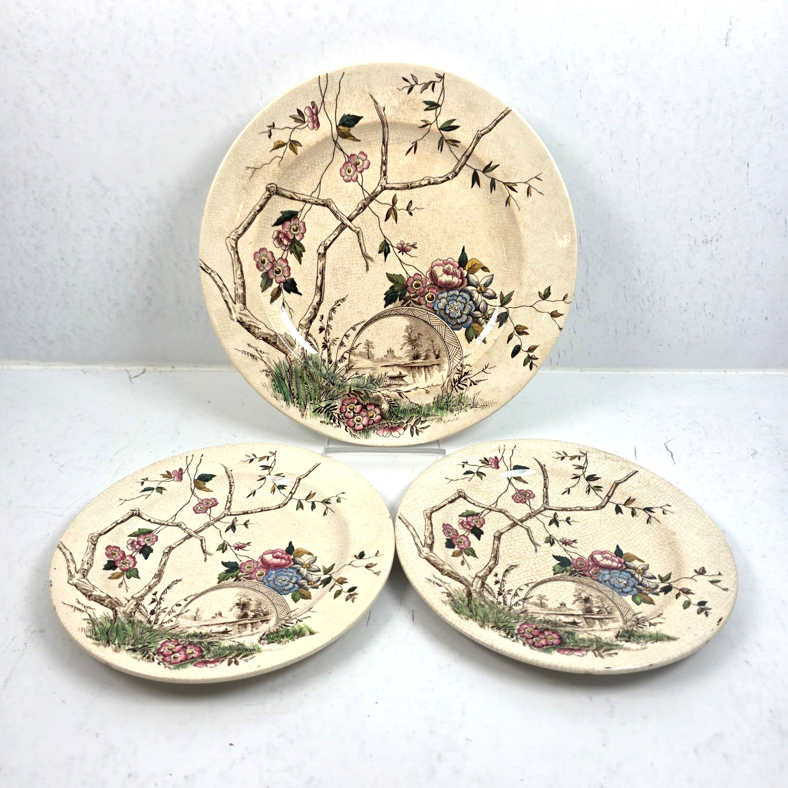 Antique JT Hudden Staffordshire Aesthetic Movement Transferware Plates Set of 3