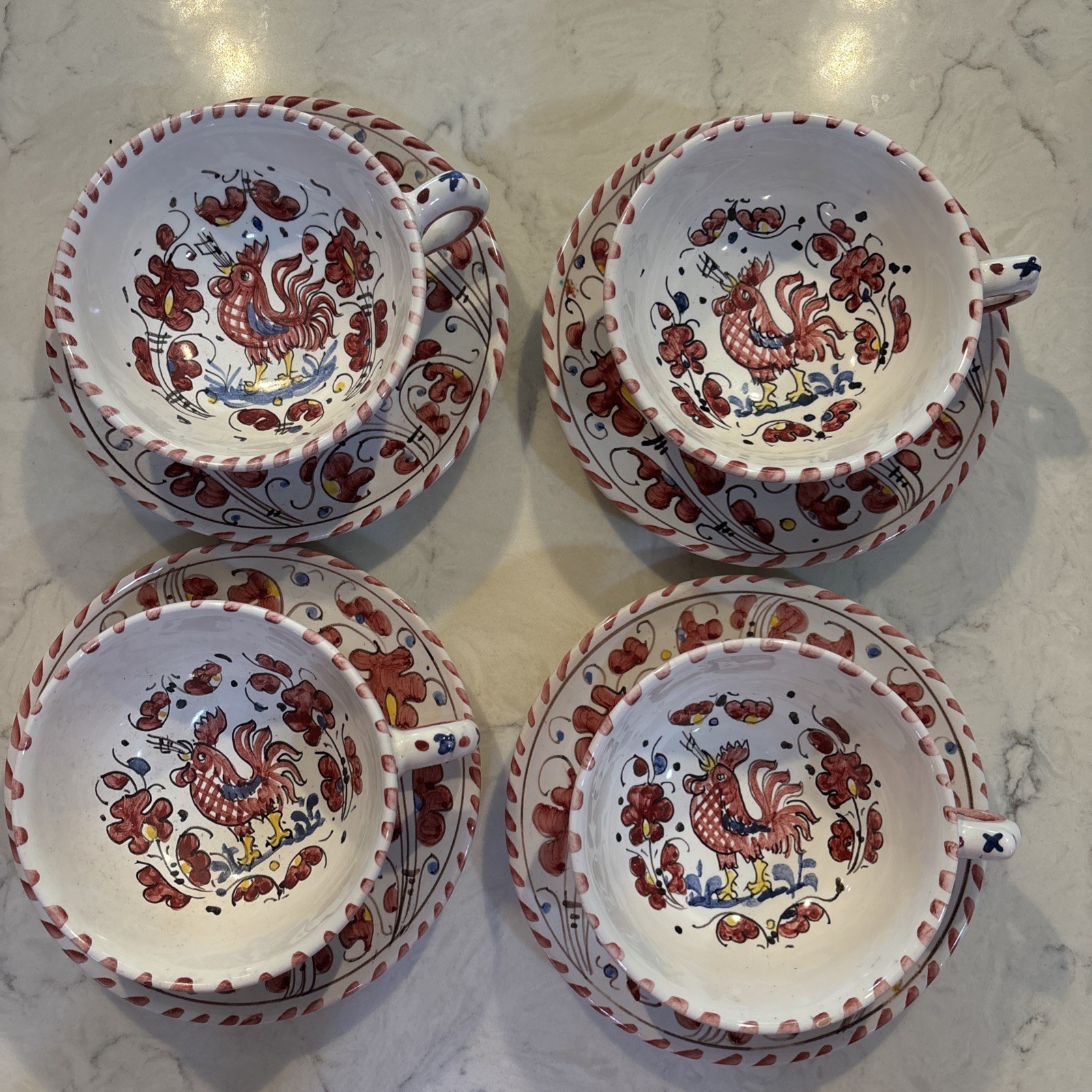 Set Of 4 Vintage Red Rooster Tea Cups And Saucers PV Italy Excellent Condition 