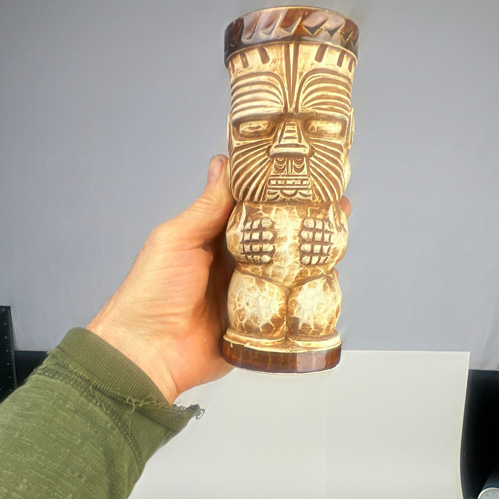 Hawaiian Tiki Style Brown & Tan Ceramic Mug/Cup Carved Face Figure Design