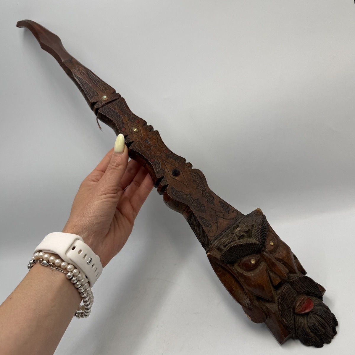 Vintage Hand Carved Wooden Wall Decor Bearded Man Folk Art Ethnic Style 52cm